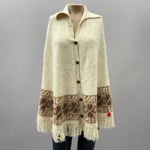Fotrama Poncho Sweater Women OS XL 100% Alpaca Wool Knit Bolivia Fringe READ - Picture 1 of 10